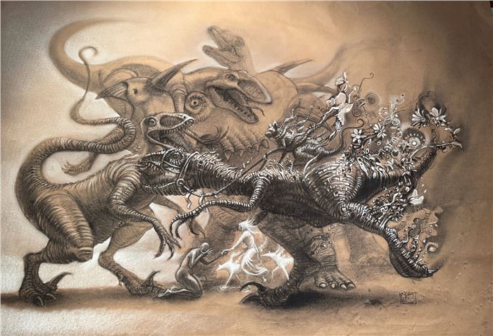 Graham Toms, Demons Interrupting Grief, Charcoal & chalk on Canson, 2025, collection of Michael and Aihua Pearce